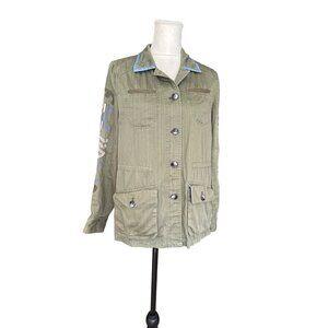 Hei Hei Embroidered Utility Jacket Small Green Cotton Front Pockets Has Stain